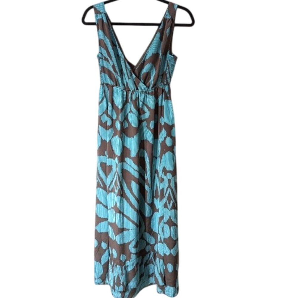 Banana Republic 100% Silk Printed Ruffled Hem Maxi Dress Turquoise Brown Size 0 - Picture 5 of 8